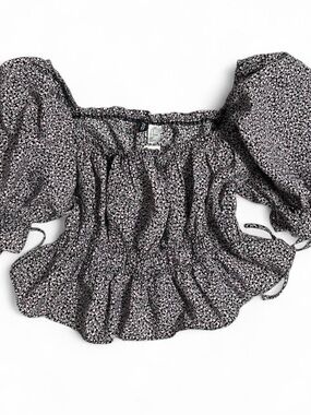Feminine Floral Smocked Cinched Waist Off-Shoulder Top, navy blue and pink